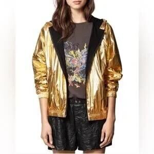 Zadig and Voltaire Metallic Gold Zip Front Hoodie Jacket Small